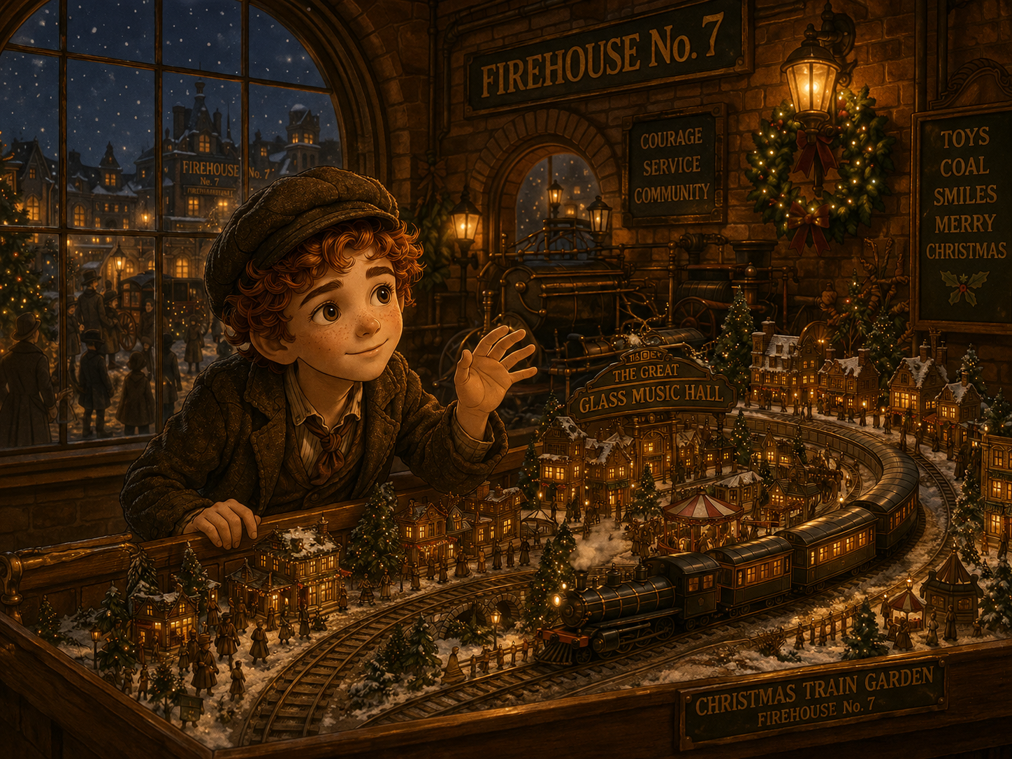 The orphan boy marveling at a miniature train garden inside Firehouse No. 7