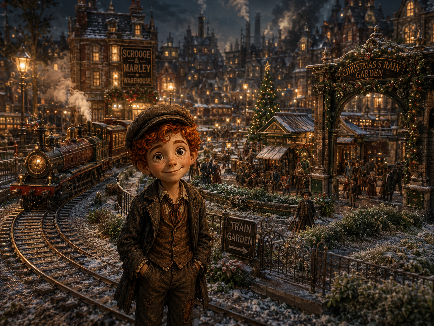 A young orphan boy standing before the Christmas Train Garden at night