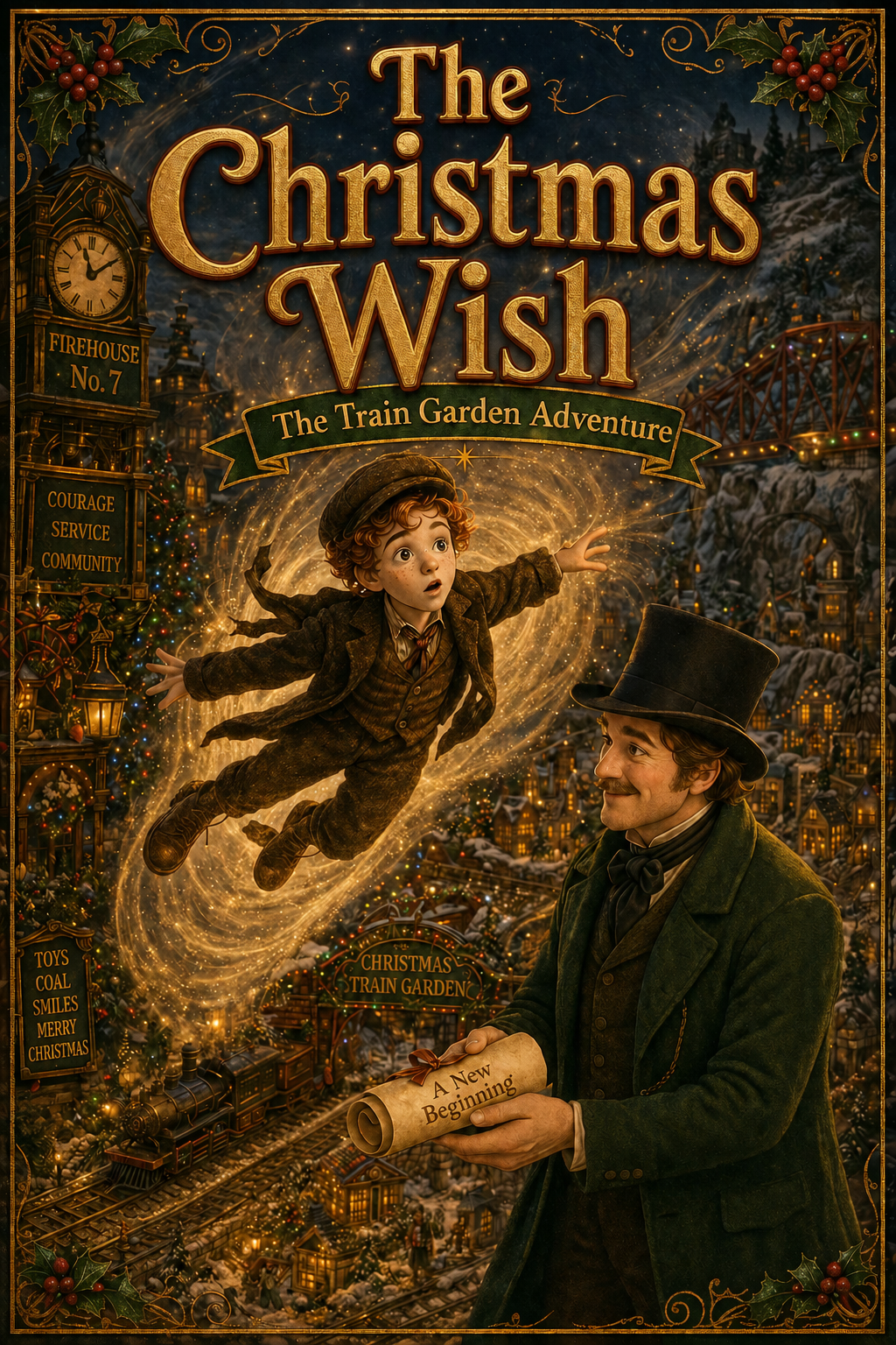The Christmas Wish book cover — a boy floating in golden light above a Christmas train garden